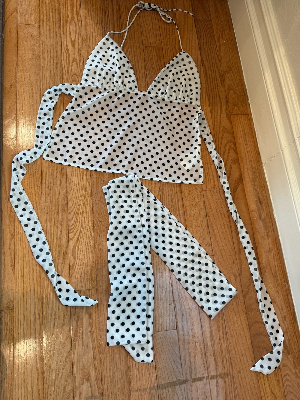 White Black Polka Dot Chiffon Halter Tie Strap Cami Tank Top with scarf size S